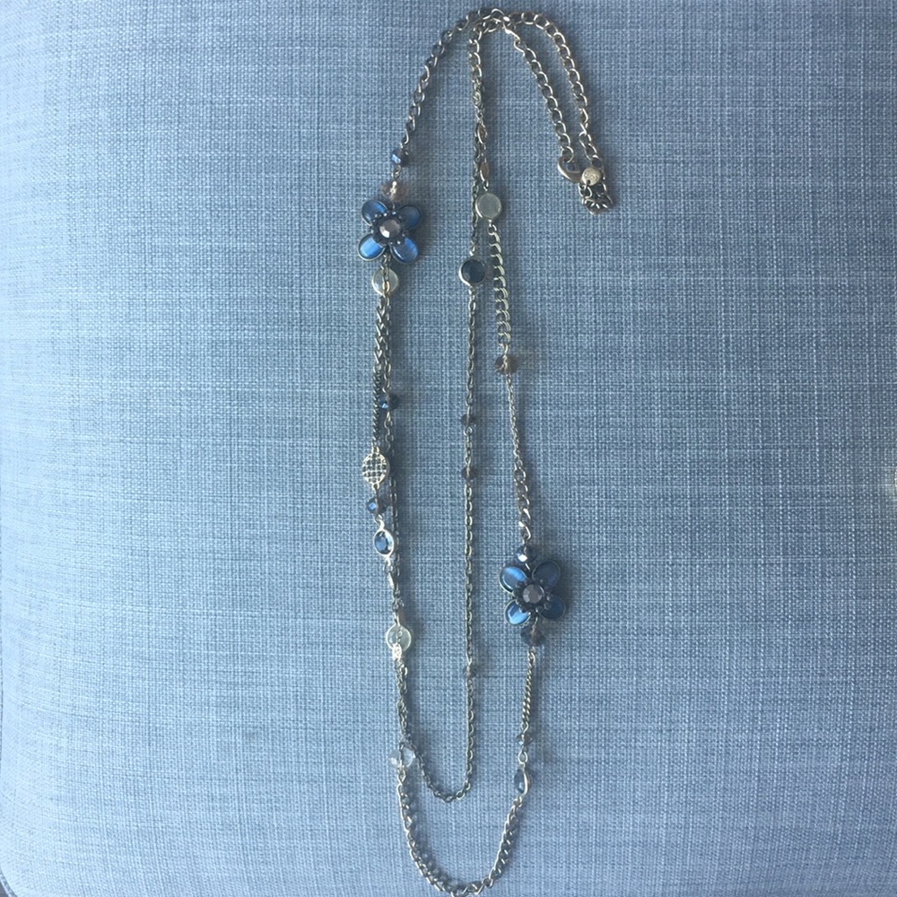 golden necklace navy blue flowers and crystals
